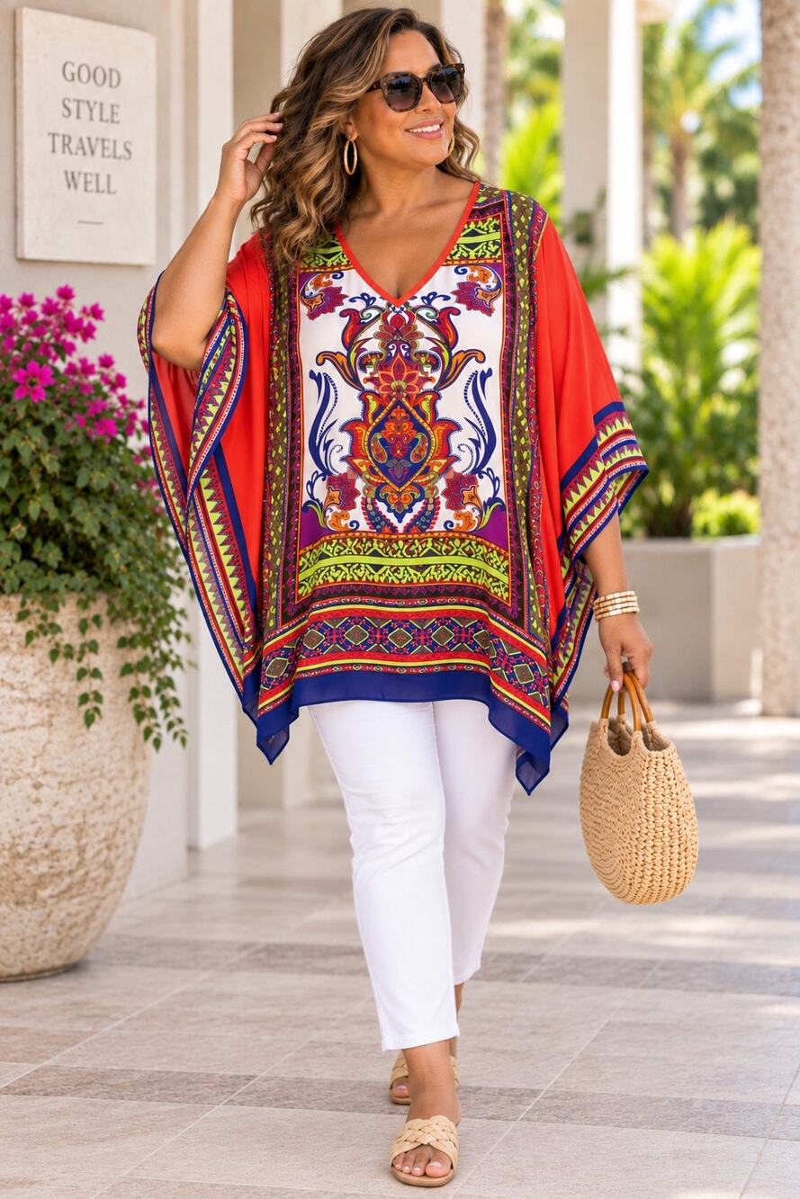 Ashley Stewart Kimono 26/28 Plus Size Multicolor Paisley Boho Poncho Tunic